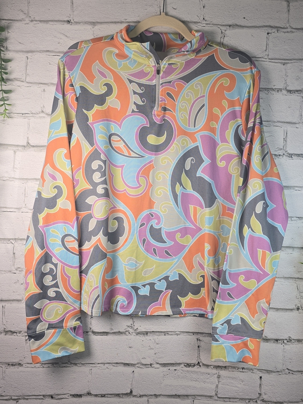 ATHLETA PERFORMANCE PULLOVER MOD VIBRANT MULTICOLOR SWIRL PATTERN WOMENS SIZE L